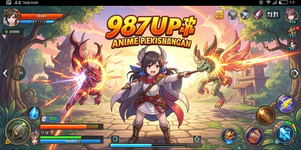 Screenshot gameplay 987UP menampilkan karakter Anime dalam pertempuran yang mendebarkan.