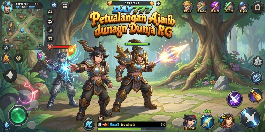 Screenshot DAY777 menampilkan pertempuran seru di dunia fantasi.