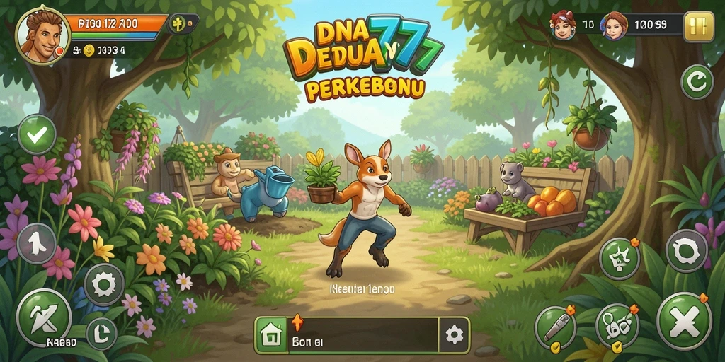 Tampilan gameplay DNA777 dengan aktivitas berkebun dan peternakan.