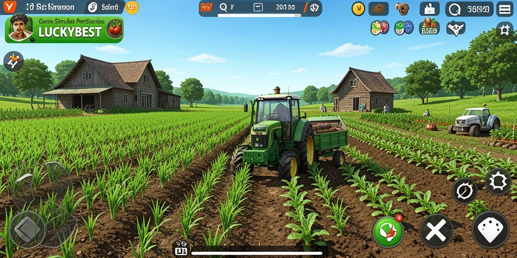 Tampilan gameplay <strong>LUCKYBEST</strong> dengan tanaman yang sedang tumbuh dan hewan ternak.
