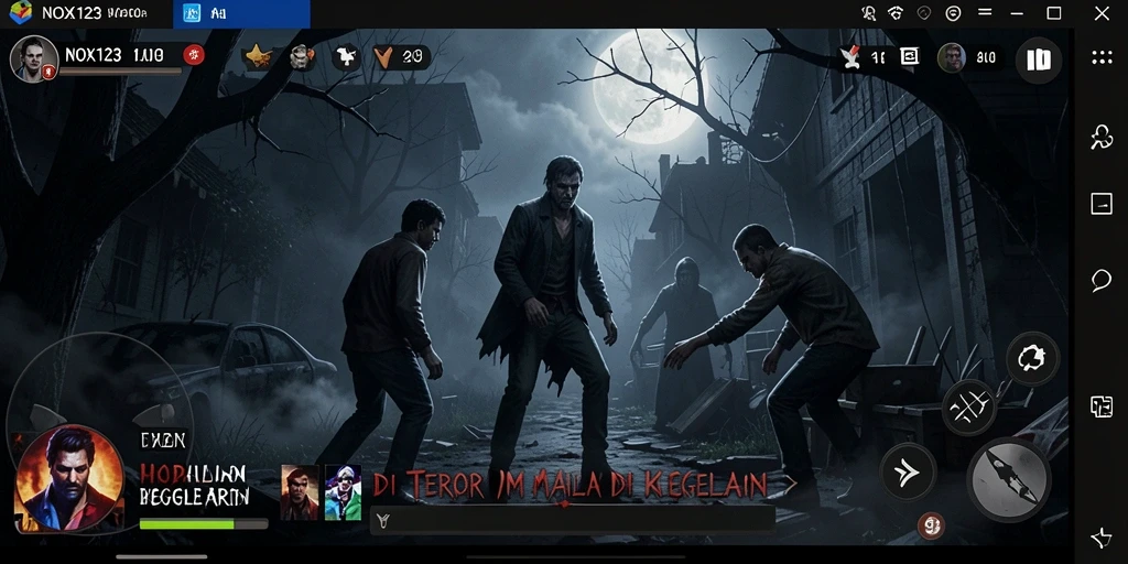 Tampilan gameplay seram di malam hari dalam <strong>NOX123</strong> dengan suasana penuh ketegangan.