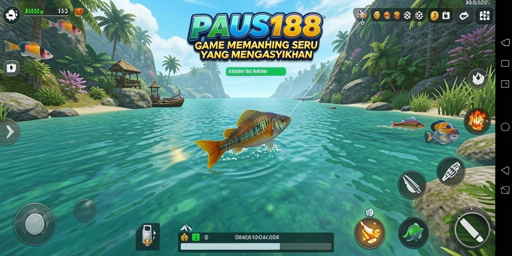 Screenshot PAUS188 menampilkan gameplay memancing yang realistis dan menawan.
