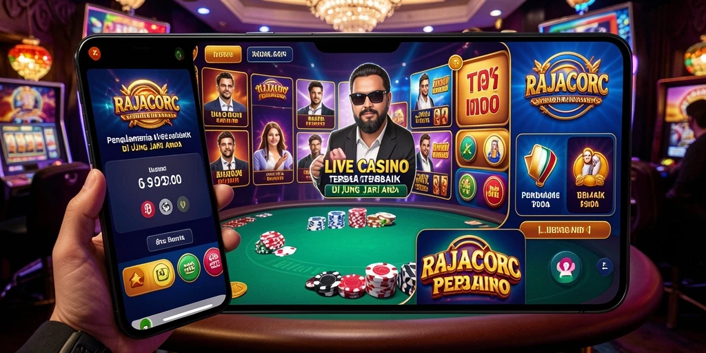 Screenshot RAJACORC menampilkan dealer langsung dan suasana kasino yang menarik.