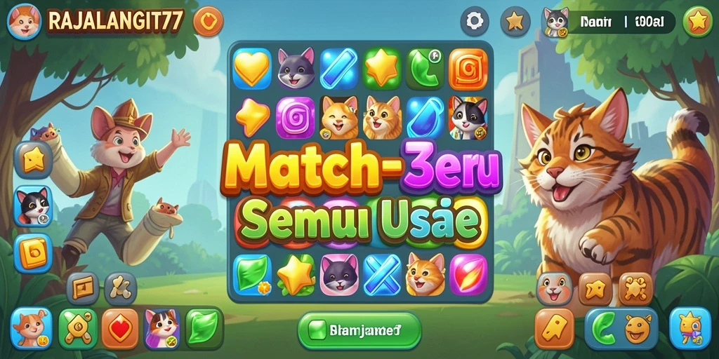 Gameplay seru RAJALANGIT77 dengan tantangan Match-3 yang menarik.