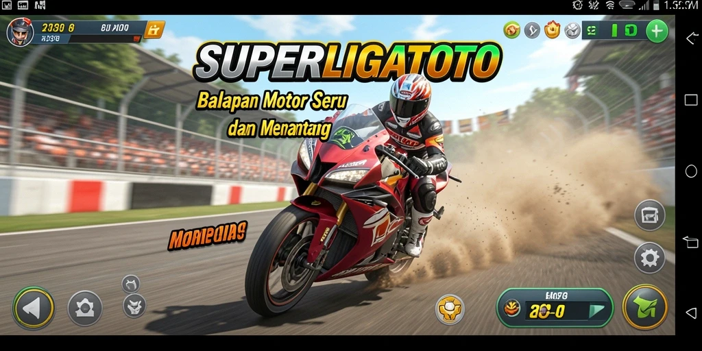 Screenshot gameplay SUPERLIGATOTO dengan balapan motor yang mendebarkan.