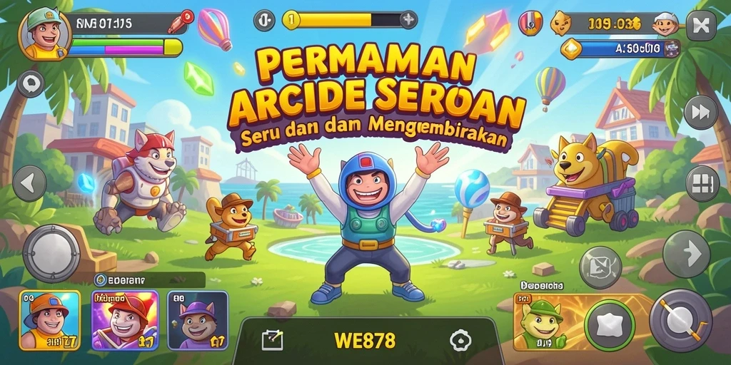 Tampilan gameplay WE878 dengan rintangan seru dan lingkungan warna-warni.